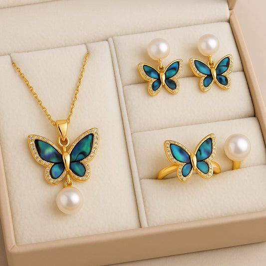 Blue Butterfly Pearl Jewelry Set – Necklace, Earrings & Ring Combo image 1