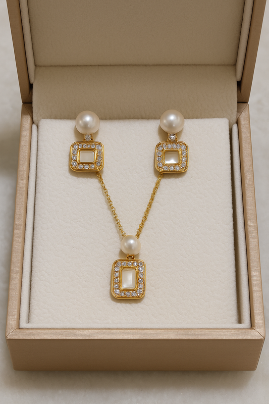 Regal Square Pearl Elegance Combo Set – Necklace & Earrings