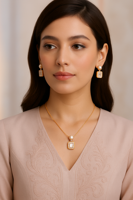 Regal Square Pearl Elegance Combo Set – Necklace & Earrings
