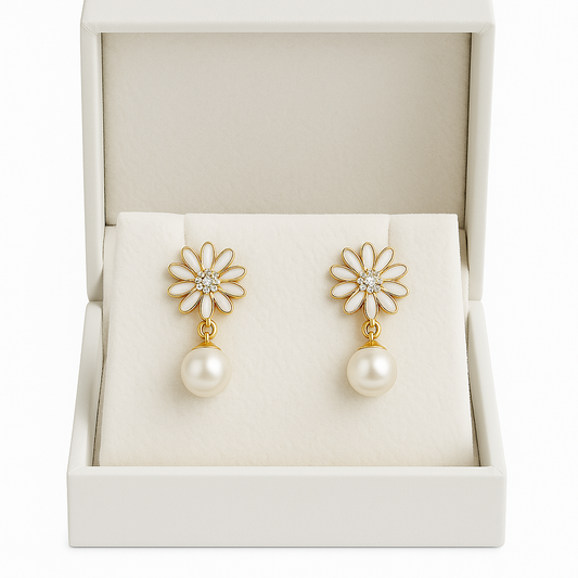 LP Jewels Gold-Plated Daisy Flower  Real Pearl Drop Earrings for Women