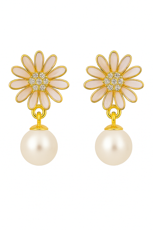 LP Jewels Gold-Plated Daisy Flower  Real Pearl Drop Earrings for Women