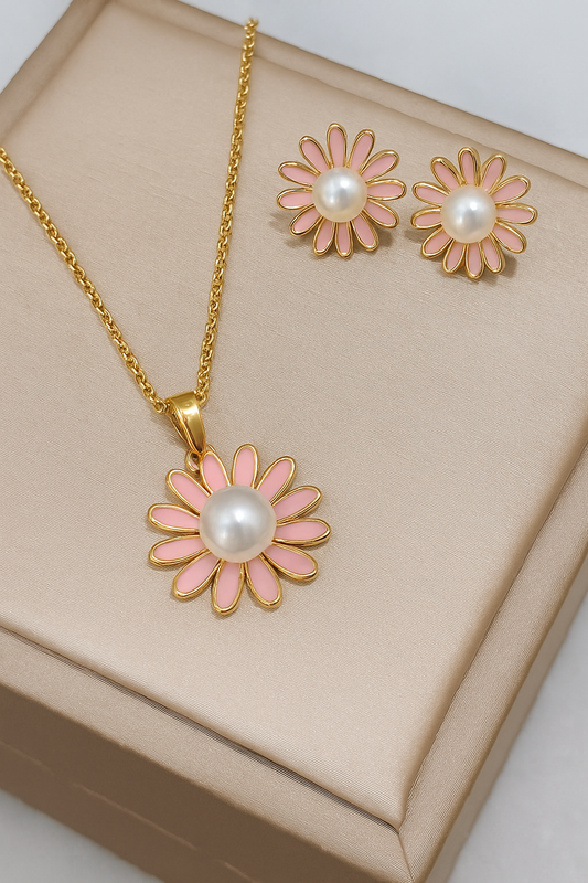 Blush Blossom Pink Flower Jewelry Set – Necklace; Earrings