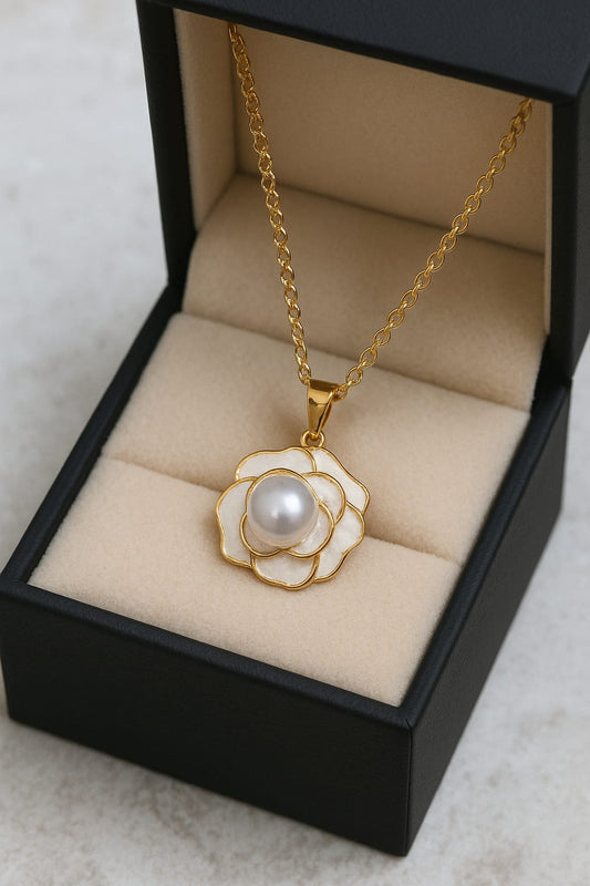 LP Jewels Elegant Rose Flower Pendant Necklace with White Pearl Center