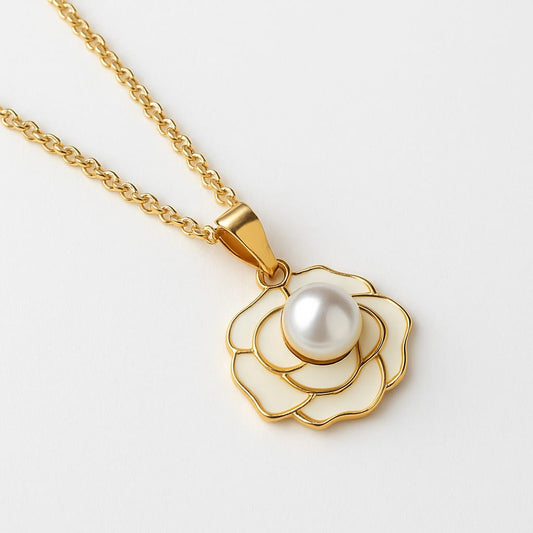 LP Jewels Elegant Rose Flower Pendant Necklace with White Pearl Center