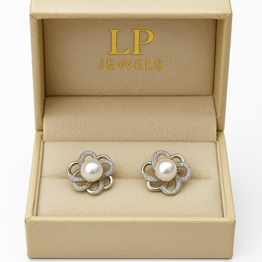 LP JEWELS Silver Flower Pearl Earrings – Timeless Floral Elegance