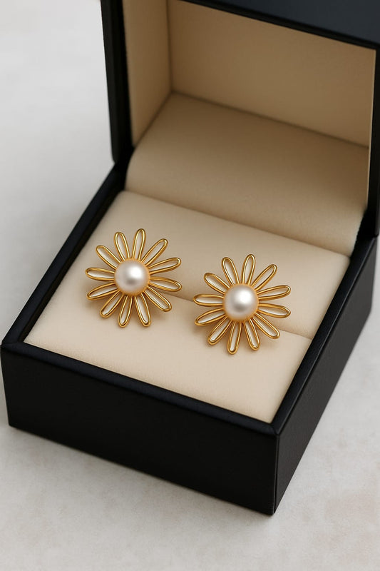 Sunshine Bloom Pearl Stud Earrings – Gold Plated Sunflower Design