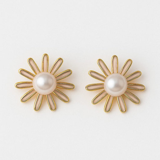 Sunshine Bloom Pearl Stud Earrings – Gold Plated Sunflower Design
