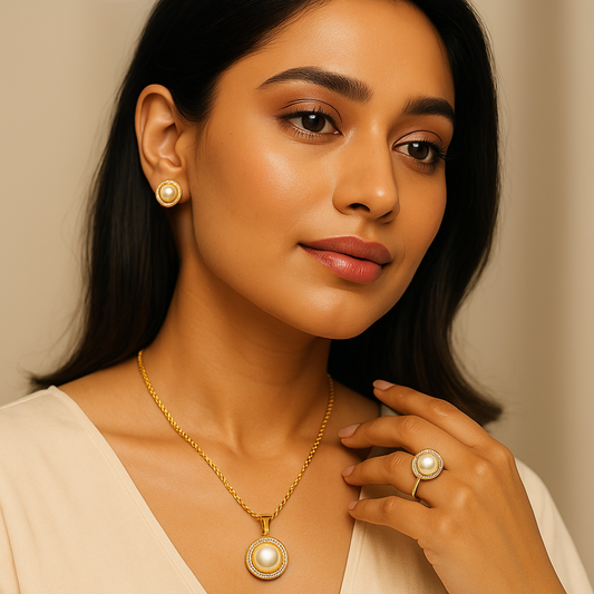 Classic Round Pearl Elegance Combo Set – Necklace, Earrings & Ring