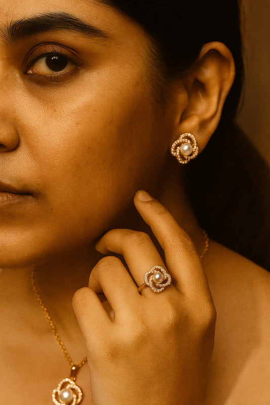 Elegant Pearl Swirl Jewelry Set – Necklace, Earrings & Ring