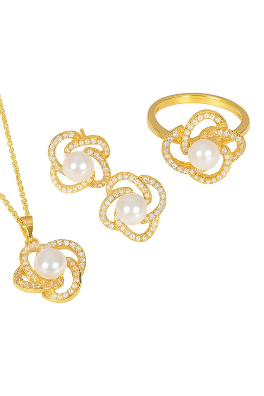 Elegant Pearl Swirl Jewelry Set – Necklace, Earrings & Ring