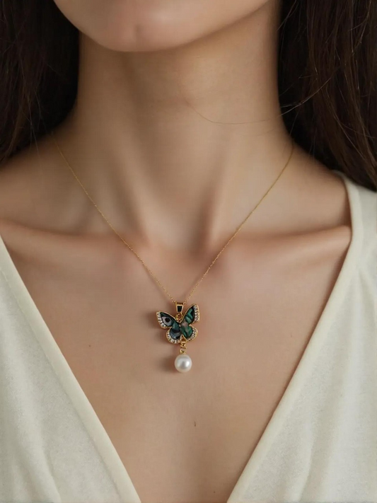 Blue Butterfly Pearl Jewelry Set – Necklace, Earrings & Ring Combo image 0
